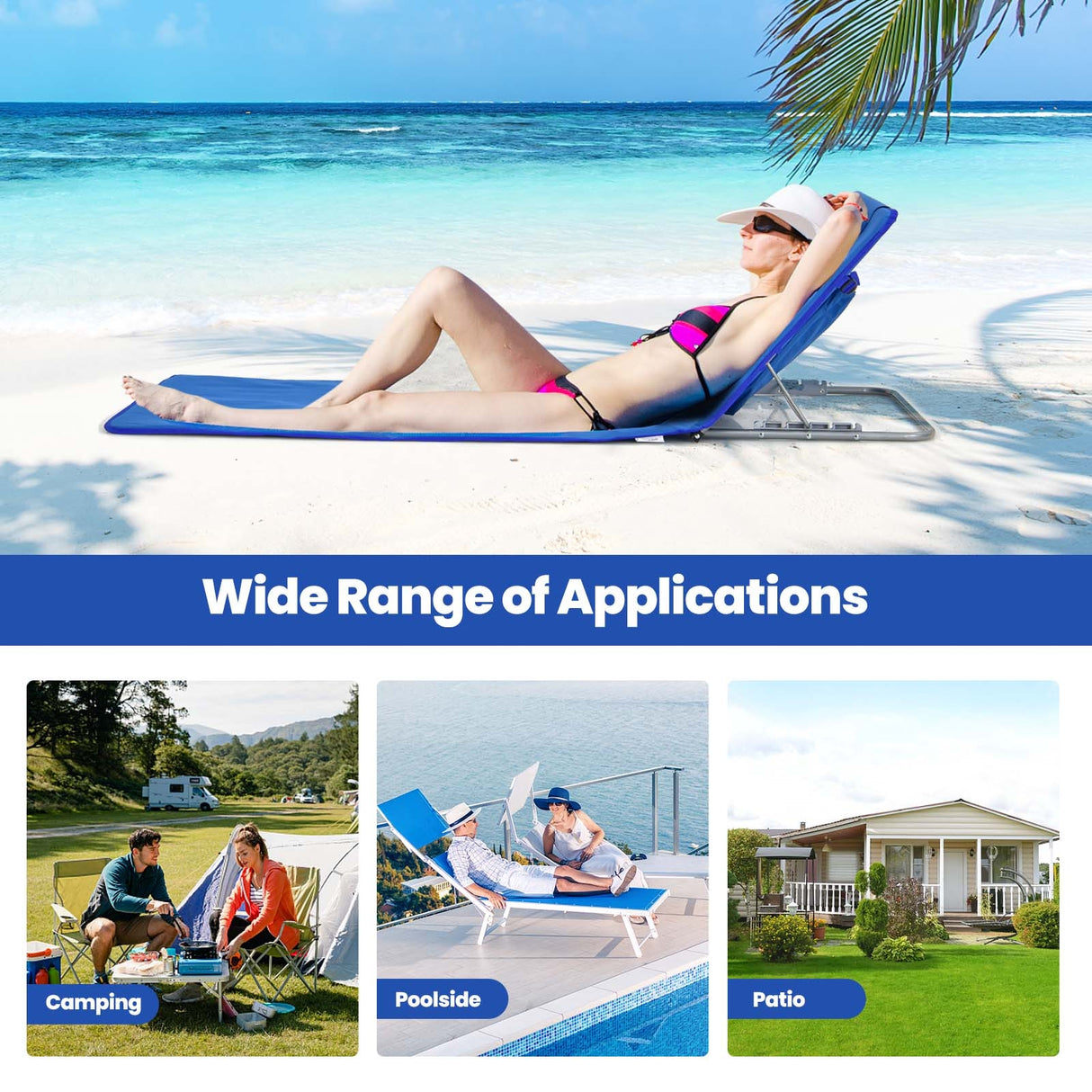 3 Pieces Beach Lounge Chair Mat Set 2 Adjustable Lounge Chairs with Table Stripe-Blue