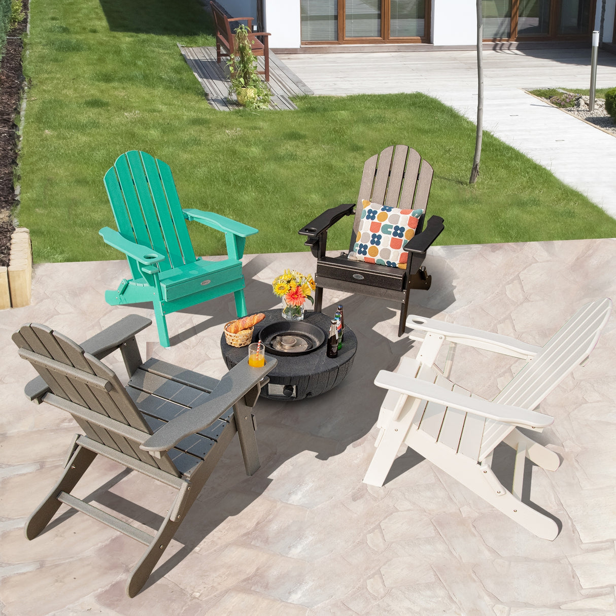 Foldable Weather Resistant Patio Chair with Built-in Cup Holder-Turquoise