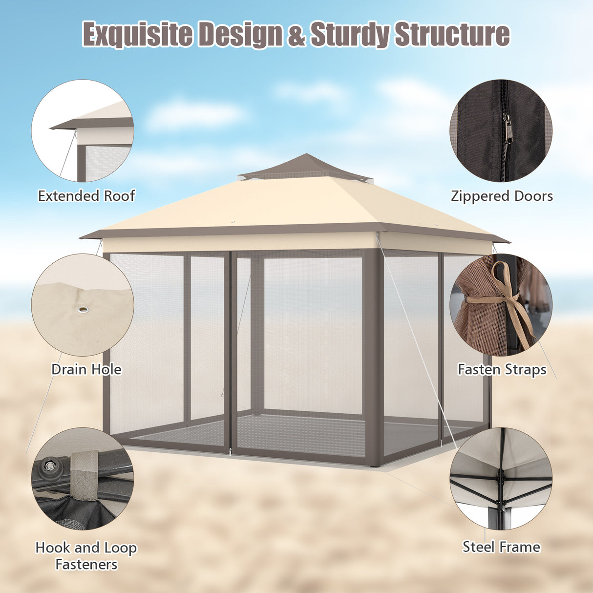 2-Tier Pop-Up Gazebo Tent Portable Canopy Shelter Carry Bag Mesh-Brown