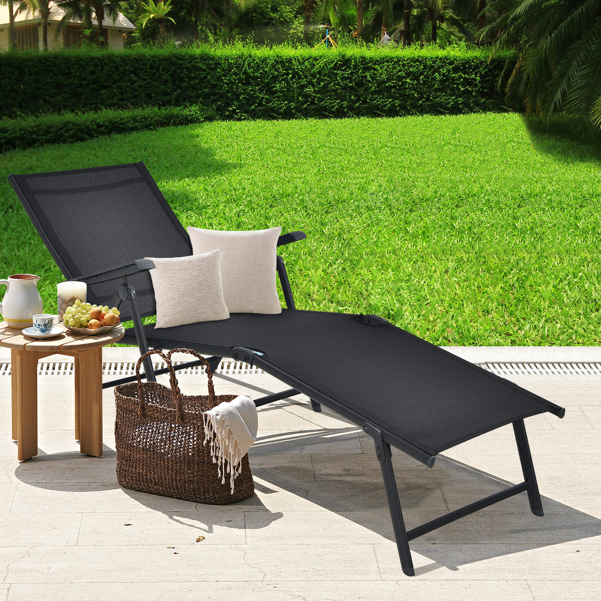 Patio Foldable Chaise Lounge Chair with Backrest and Footrest-Brown