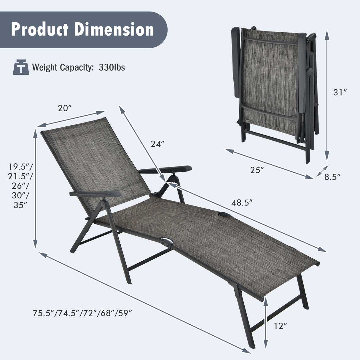 Patio Foldable Chaise Lounge Chair with Backrest and Footrest-Brown