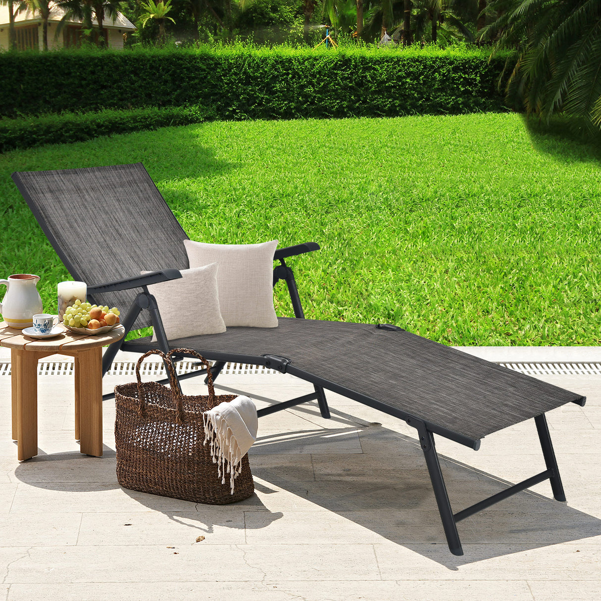 Patio Foldable Chaise Lounge Chair with Backrest and Footrest-Brown
