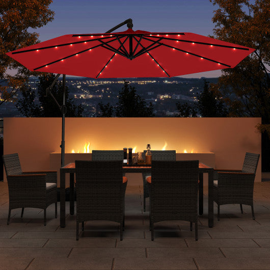 10 Feet Solar Offset Hanging Umbrella with Base and 32 LED Lights-Wine