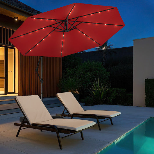 10 Feet Solar Offset Hanging Umbrella with Base and 32 LED Lights-Wine