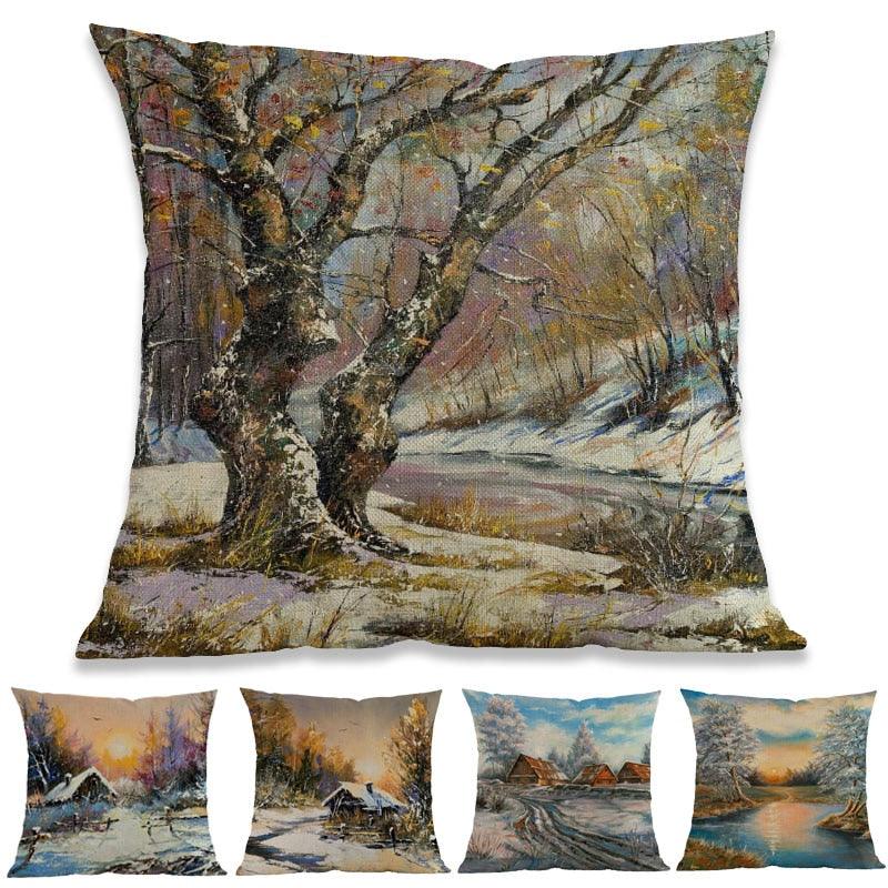 Oil Painting Style Pillow Covers Winter Rural Landscape Cabins Woods And Rivers In Snow Linen Cotton Pillow Case Home Sofa Decoration Cushion Cover Woodland Tree Decorative Throw Pillow Covers Square Outdoor Pillow Case 45X45CM