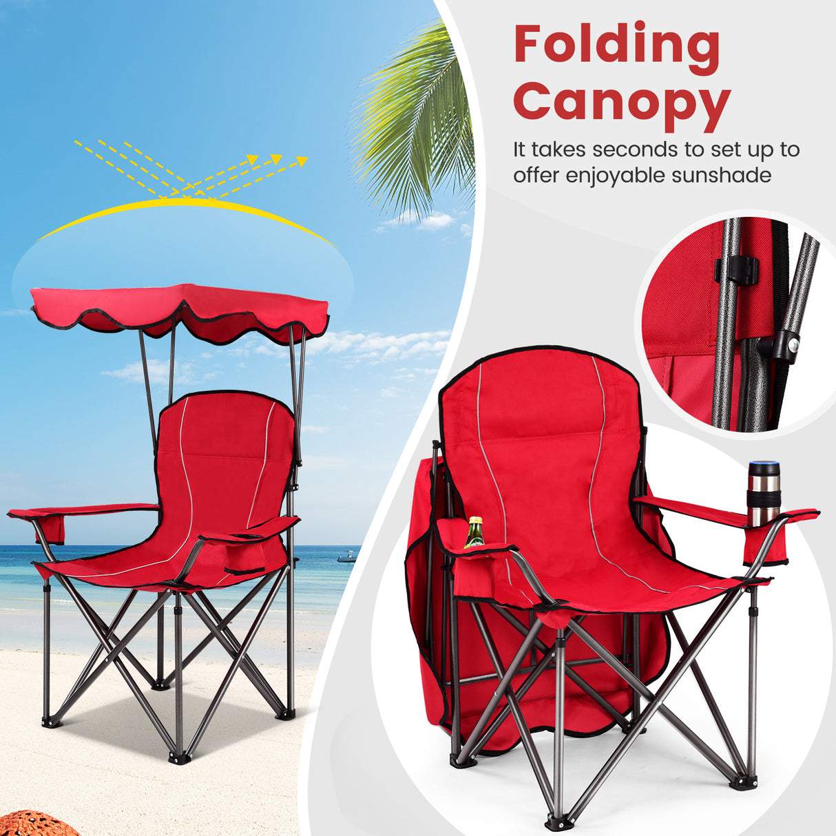 Portable Folding Beach Canopy Chair with Cup Holders-Blue