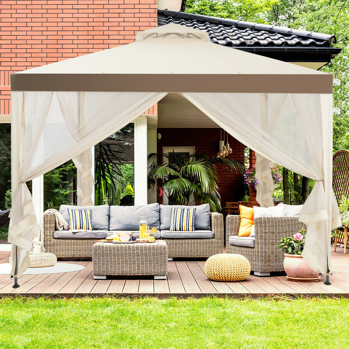 Canopy and Garden Structures Gazebo with Netting for Outdoors-Brown
