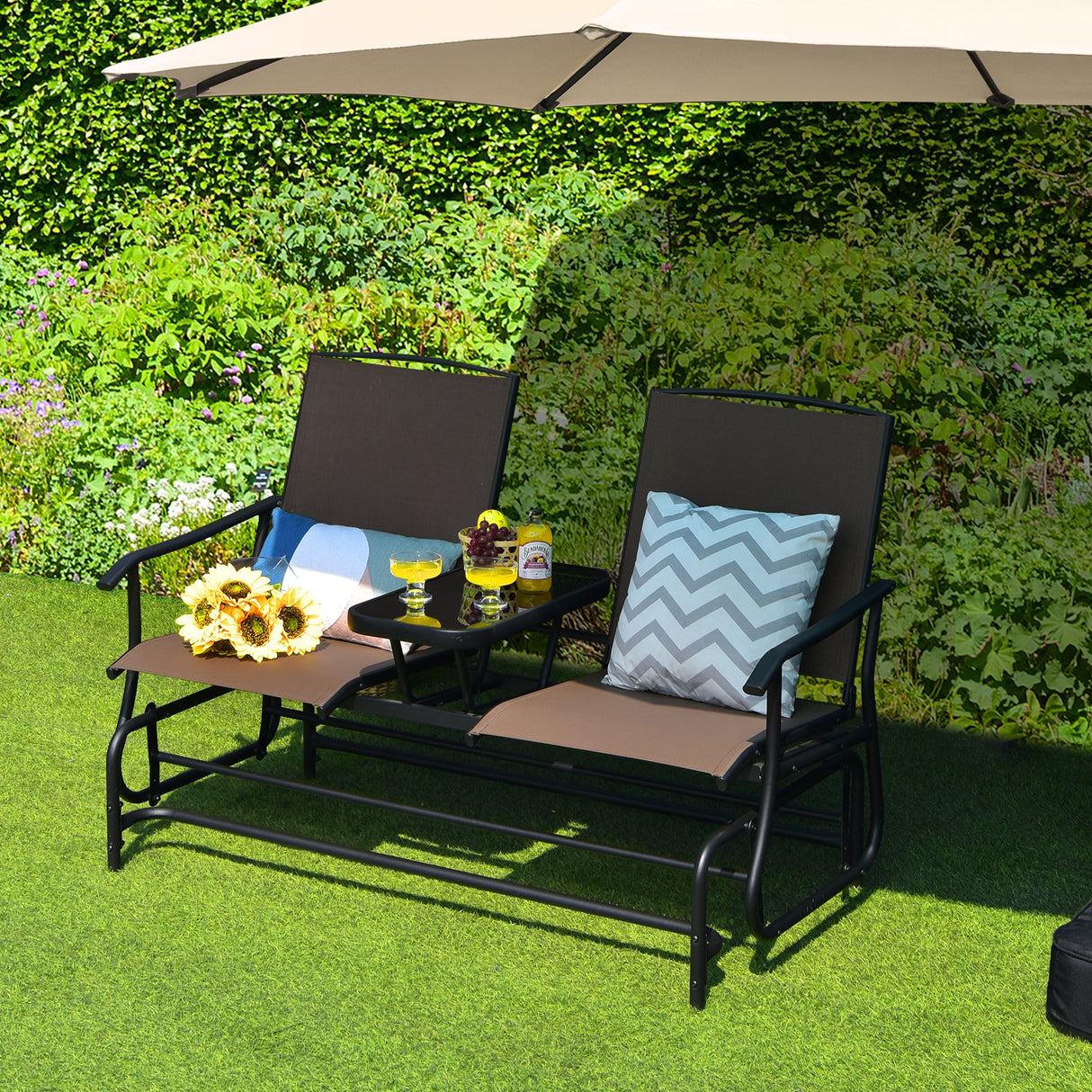 2-Person Rocking Loveseat with Mesh Fabric and Tempered Glass Table