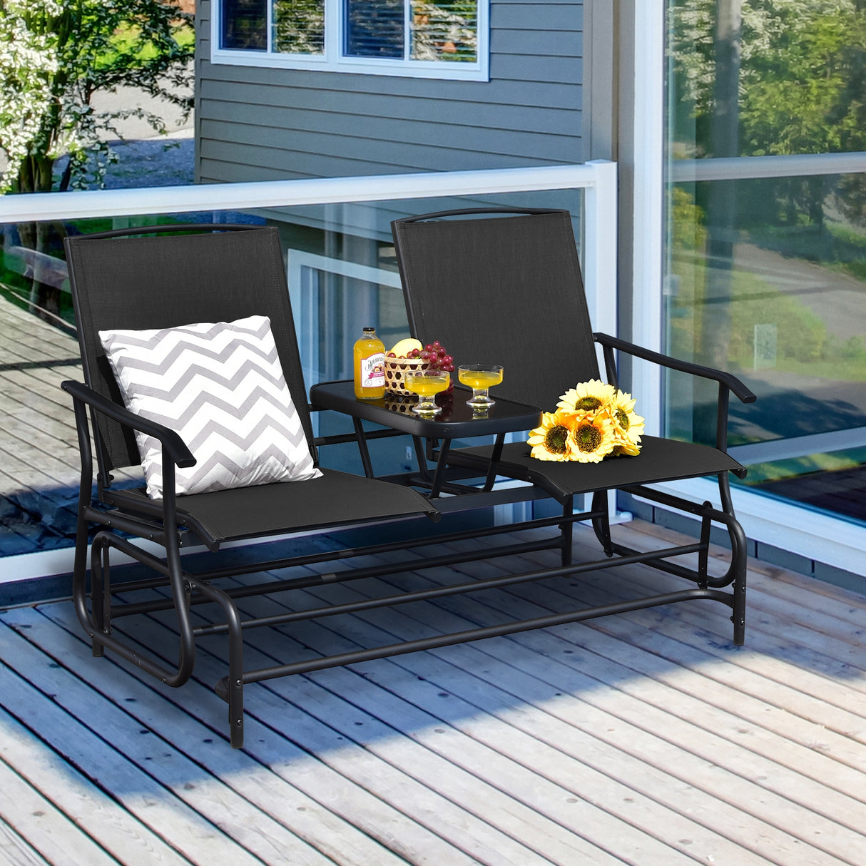 2-Person Rocking Loveseat with Mesh Fabric and Tempered Glass Table