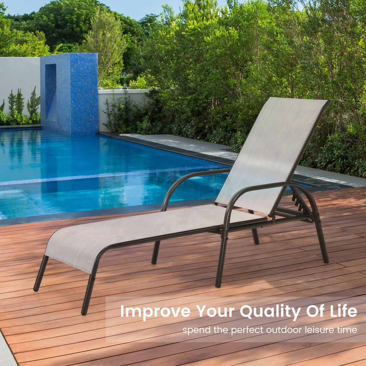 Adjustable Patio Chaise Folding Lounge Chair with Backrest-Black