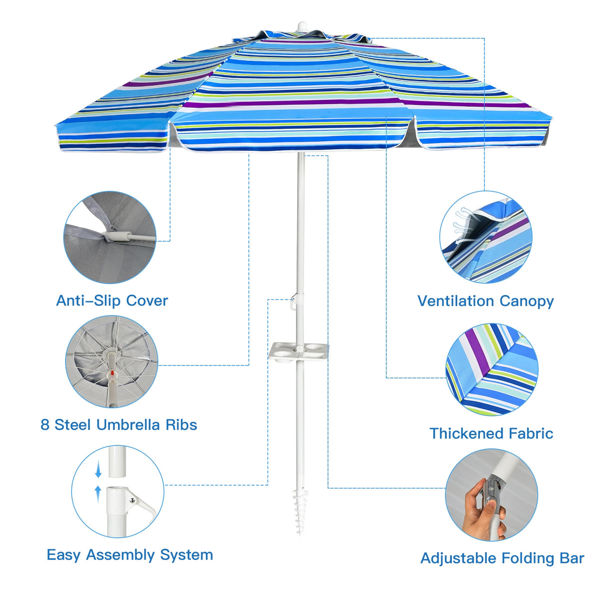 7.2 Feet Portable Outdoor Beach Umbrella with Sand Anchor and Tilt Mechanism-Navy