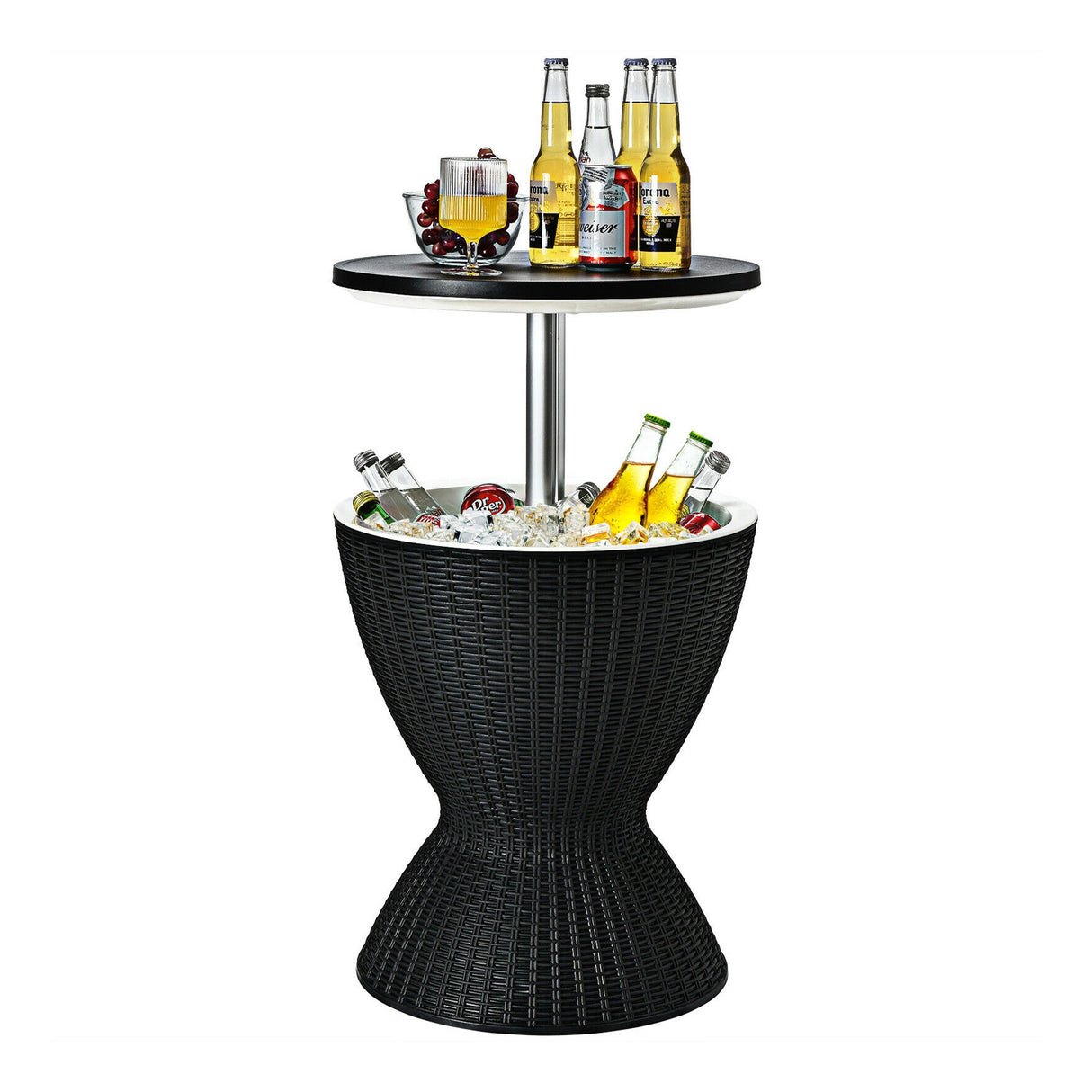 3 in 1 8 Gallon Patio Rattan Cooler Bar Table with Adjust Ice Bucket-Black