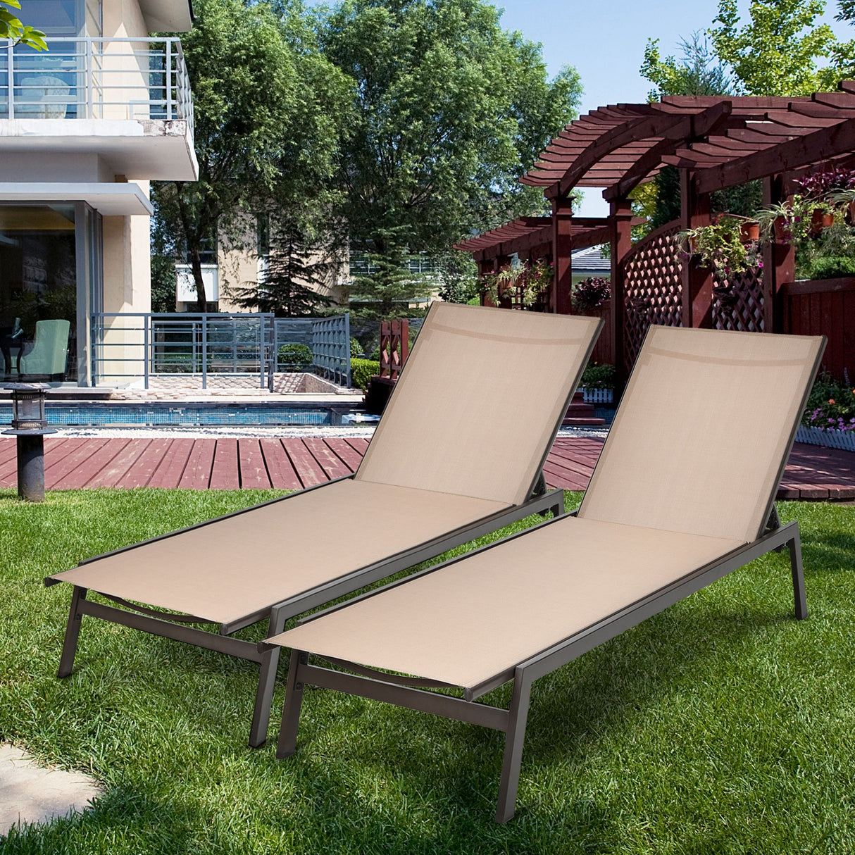 Outdoor Reclining Chaise Lounge Chair with 6-Position Adjustable Back-Black