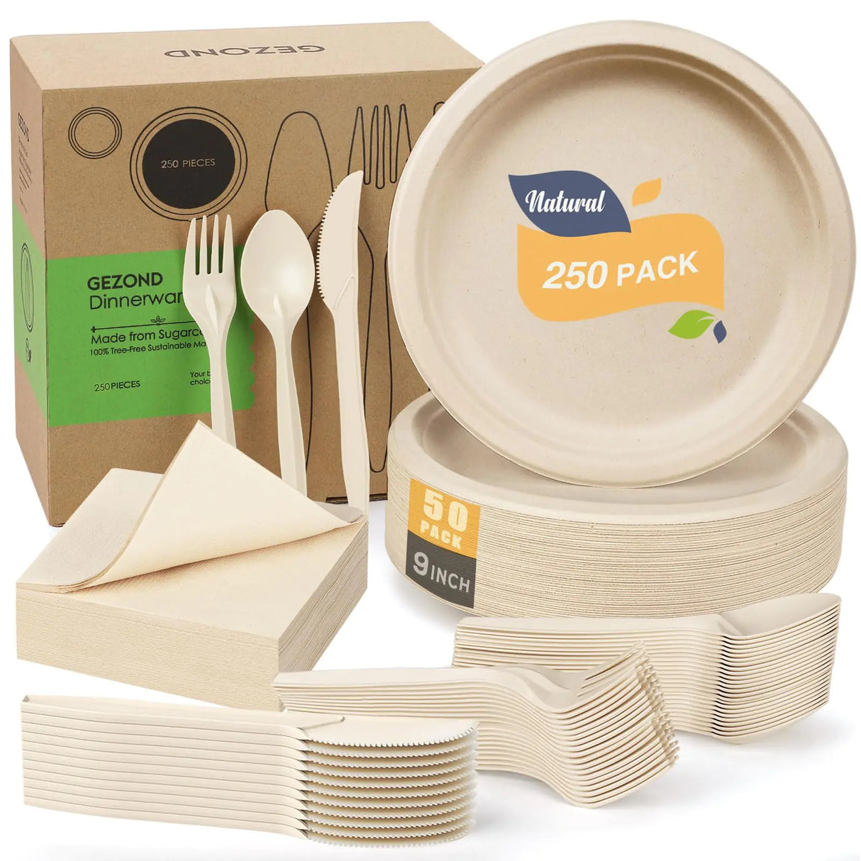 Gezond 250pcs Disposable Paper Plates Set Compostable Party Supplies Biodegradable Dinnerware Include Paper Plates Cocktail Napkins Utensils for Party Picnic 50 Each
