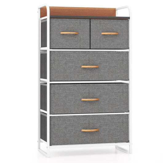 4-Tier Organizer Tower Steel Frame Wooden Top Storage with 5-Drawer Dresser-Gray