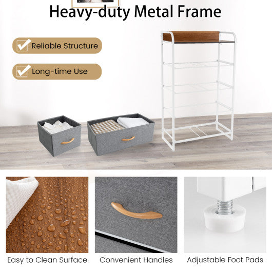 4-Tier Organizer Tower Steel Frame Wooden Top Storage with 5-Drawer Dresser-Gray