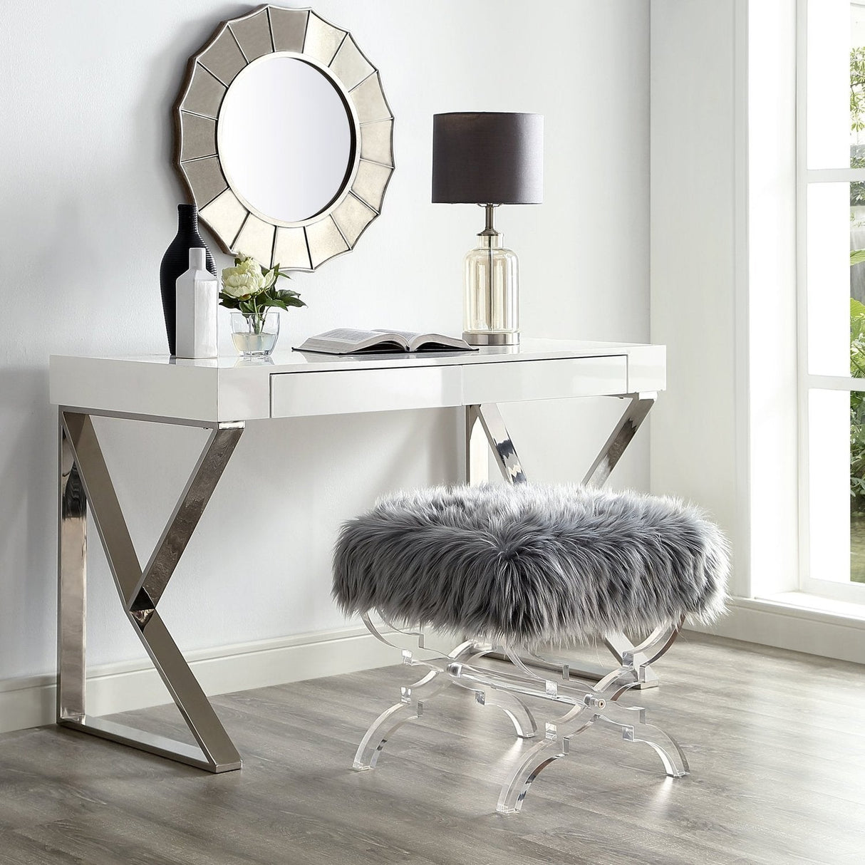 Giselle Faux Fur X-Leg Ottoman