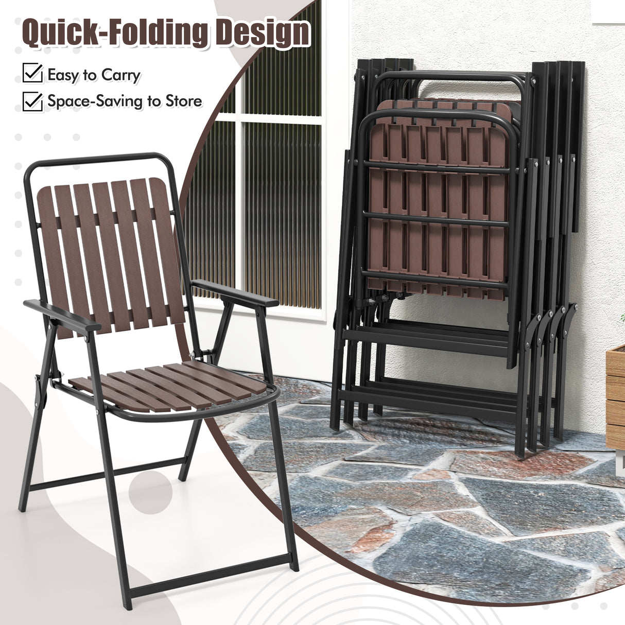 4 pcs Patio Folding Chairs with PP Seat and Back and 400 LBS Heavy-Duty Metal Frame-Brown