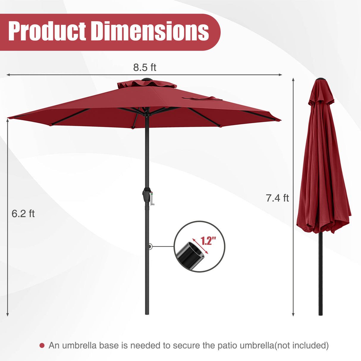 Outdoor Heavy Duty Market Umbrella with Crank Handle and 8 Sturdy Ribs-Red