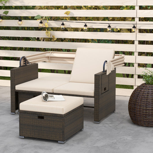 Outdoor Patio Rattan Daybed with Retractable Canopy and Adjustable Backrests-Beige