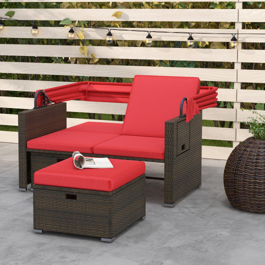 Outdoor Patio Rattan Daybed with Retractable Canopy and Adjustable Backrests-Red