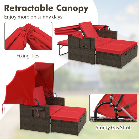 Outdoor Patio Rattan Daybed with Retractable Canopy and Adjustable Backrests-Red