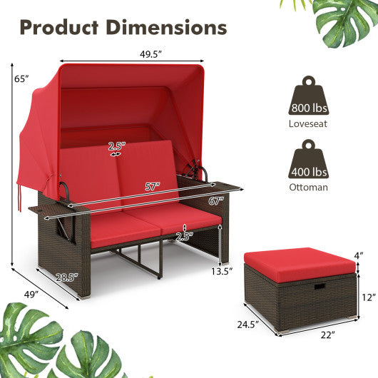 Outdoor Patio Rattan Daybed with Retractable Canopy and Adjustable Backrests-Red