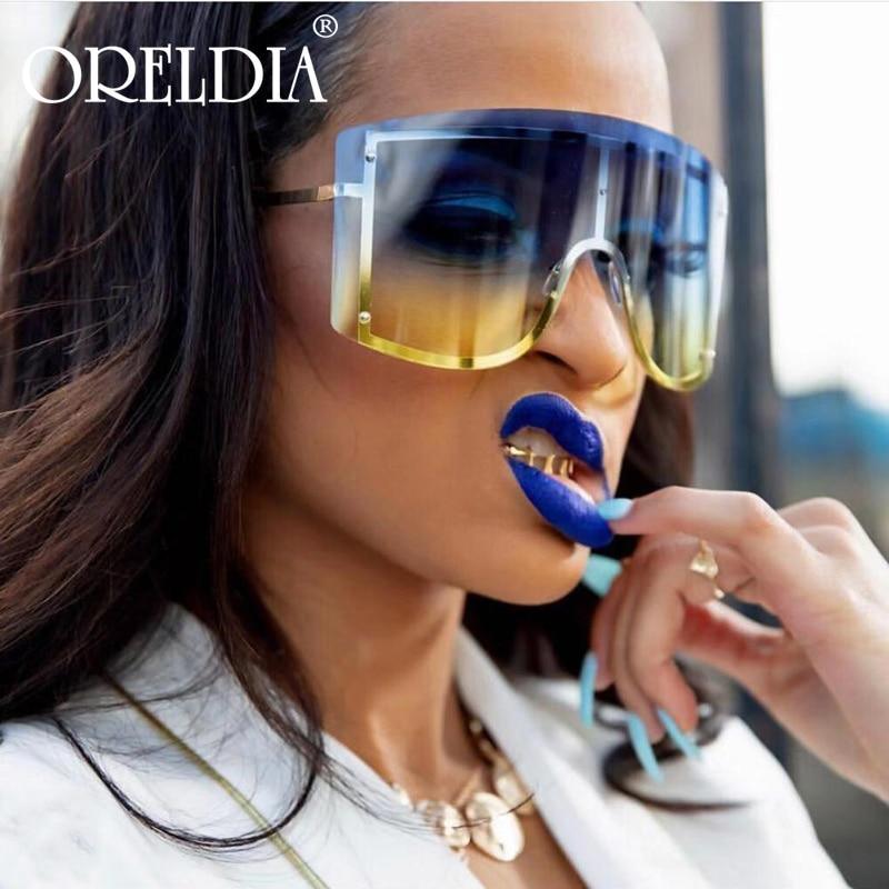 Oversized Women Blue & Yellow Gradient Sunglasses Fashionable Rimless In Metal For Female New Shades Personality Eyewear