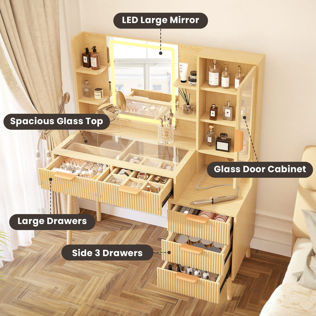 Pamapic Girls Vanity Desk with Mirror & 5 Drawers, Natural Oak