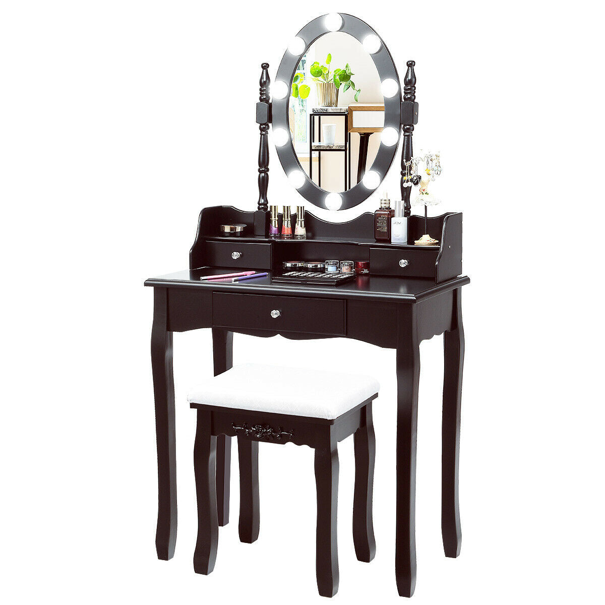Oval Mirror Vanity Set with 10 LED Dimmable Bulbs and 3 Drawers-Brown