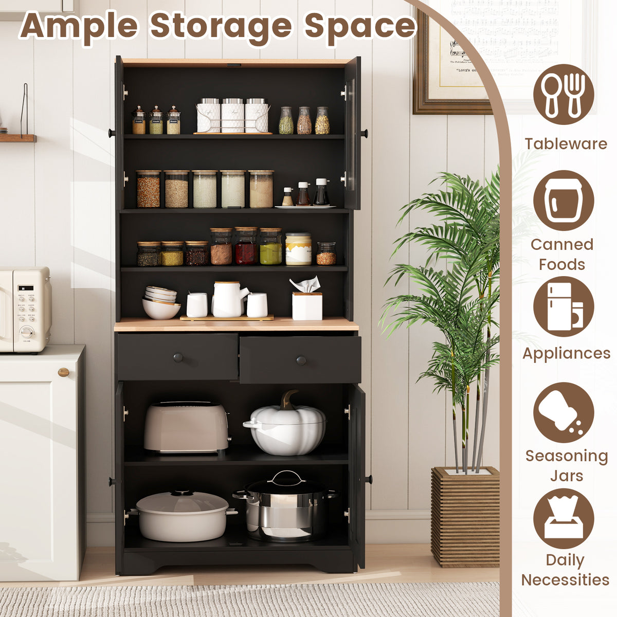 Pantry Cabinet with 2 Removable Shelves-Black