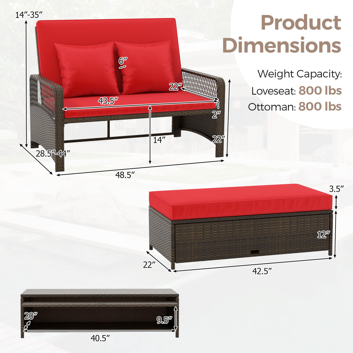 Patio Adjustable Wicker Daybed with 4-Level Backrest and Soft Cushions-Red