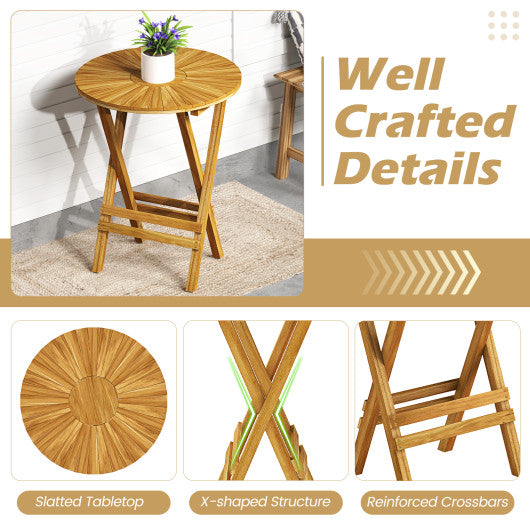 Patio Folding Side Table Teak Wood Round End Table with Slatted Tabletop and X-Shaped Frame
