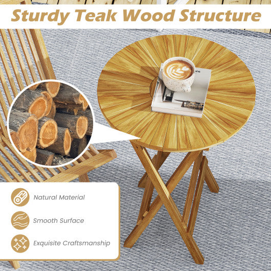 Patio Folding Side Table Teak Wood Round End Table with Slatted Tabletop and X-Shaped Frame