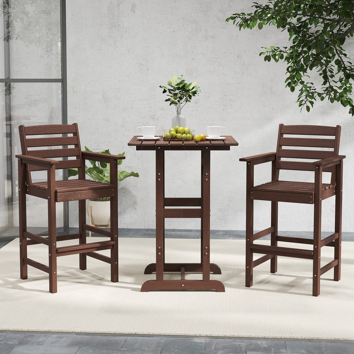 Patio HDPE Adirondack Bar Chairs Set of 2 with Wide Armrests-Brown