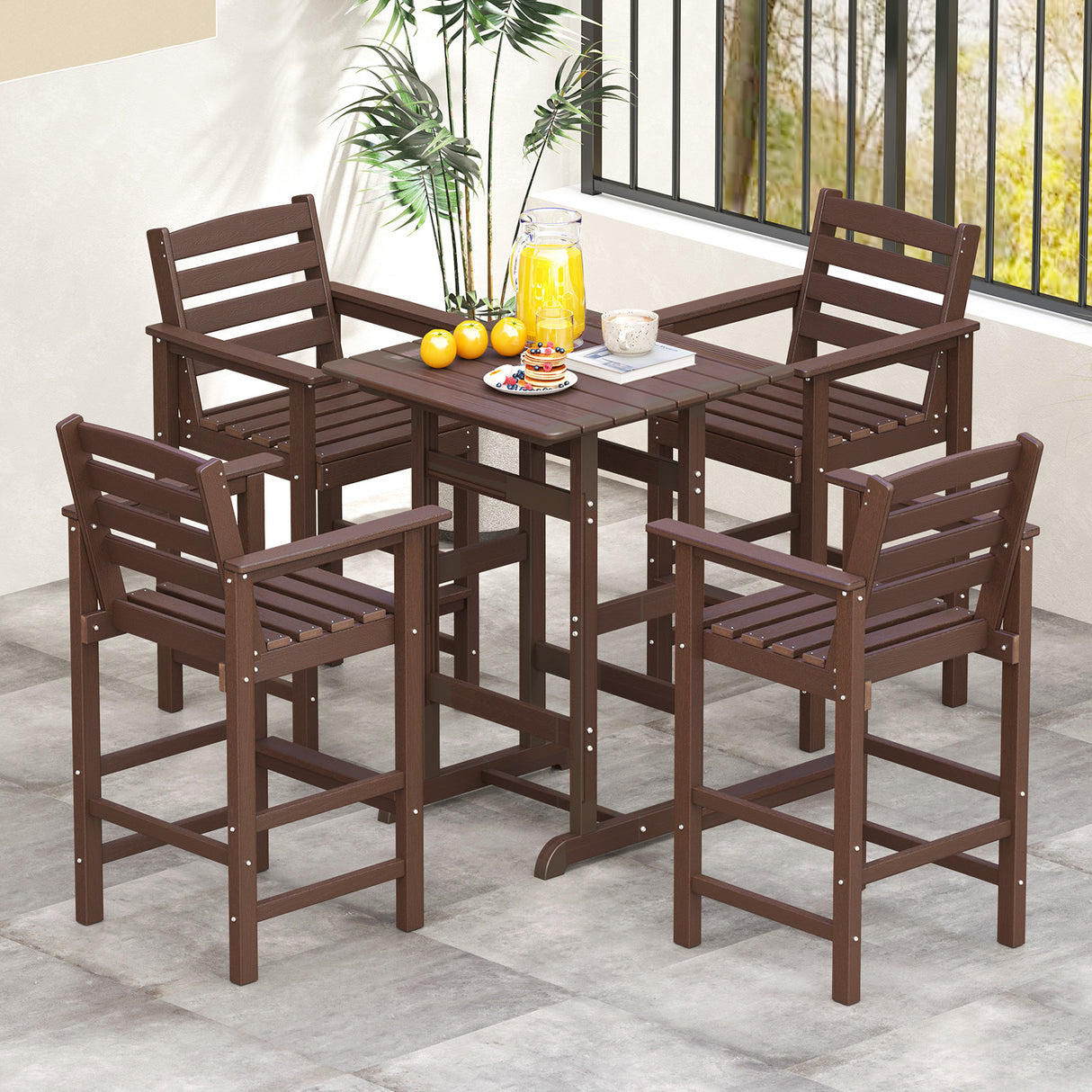 Patio HDPE Adirondack Bar Chairs Set of 2 with Wide Armrests-Brown