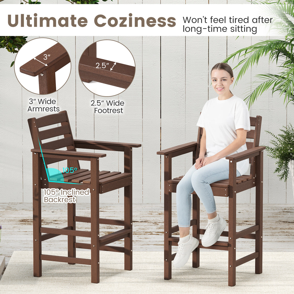 Patio HDPE Adirondack Bar Chairs Set of 2 with Wide Armrests-Brown