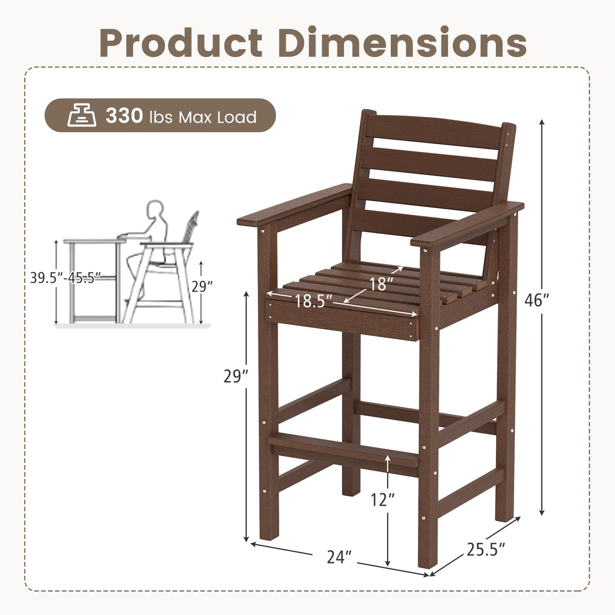 Patio HDPE Adirondack Bar Chairs Set of 2 with Wide Armrests-Brown