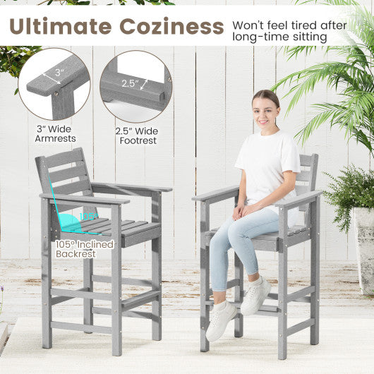 Patio HDPE Adirondack Bar Chairs Set of 2 with Wide Armrests-Gray