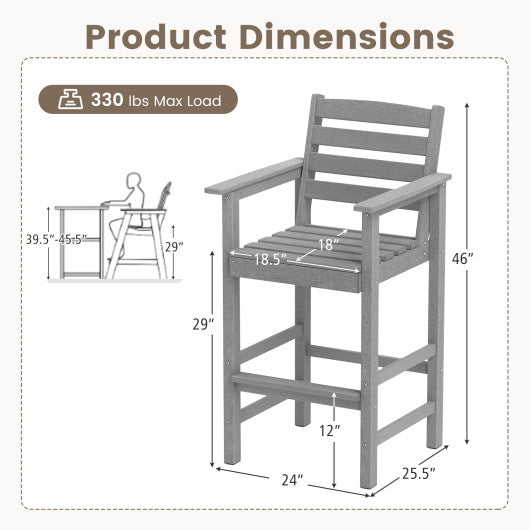 Patio HDPE Adirondack Bar Chairs Set of 2 with Wide Armrests-Gray