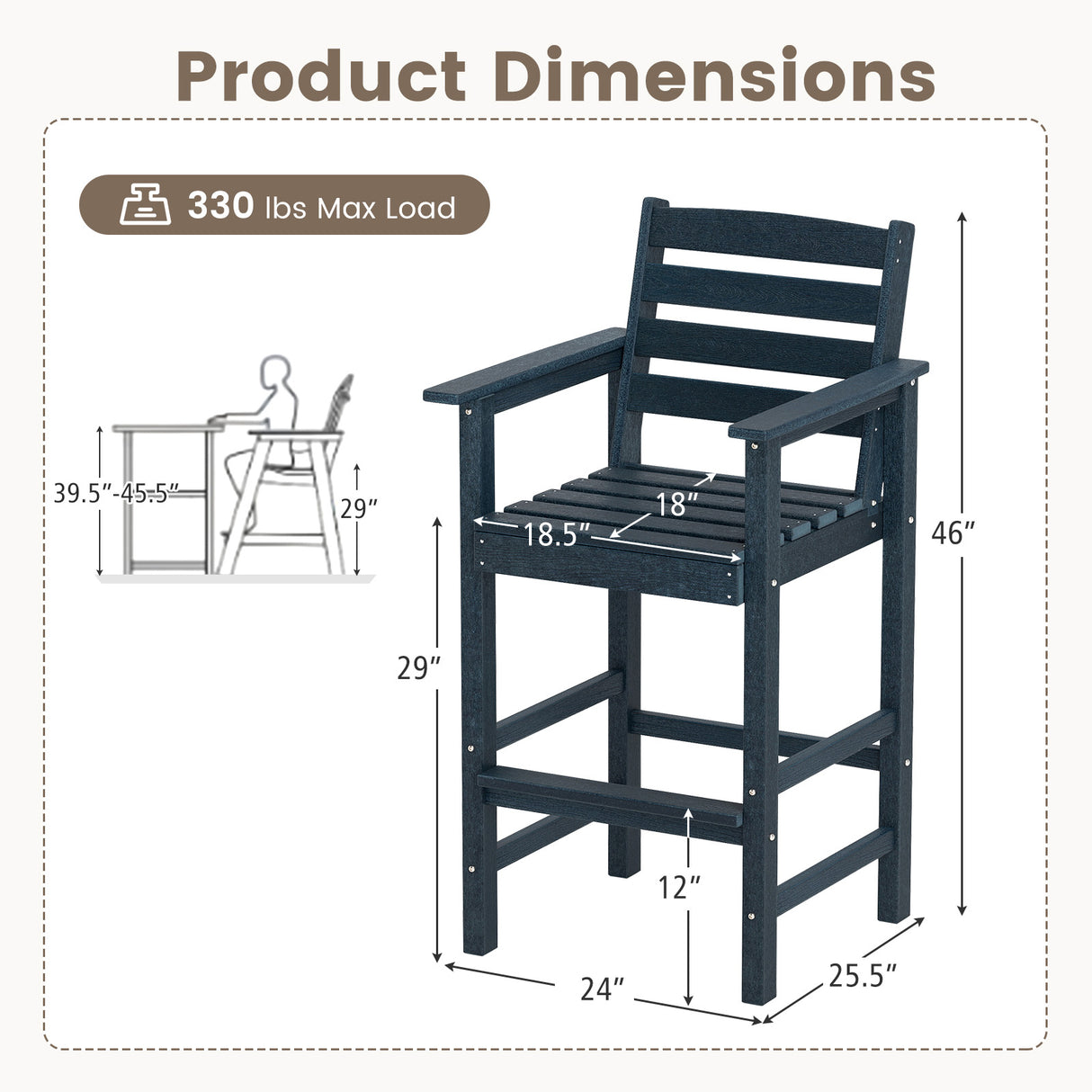 Patio HDPE Adirondack Bar Chairs Set of 2 with Wide Armrests-Navy
