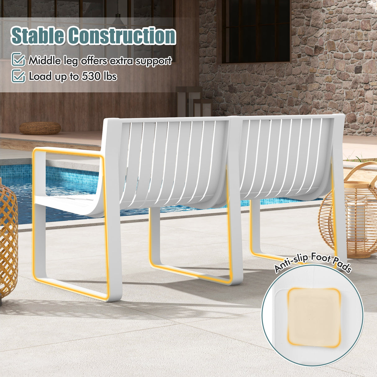 Weather-resistant Plastic 2-Person Bench with Curved Backrest-White
