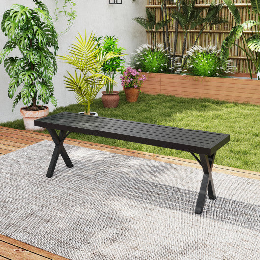 Patio Metal Bench with Slatted Seat and X Legs
