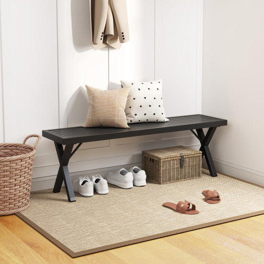 Patio Metal Bench with Slatted Seat and X Legs