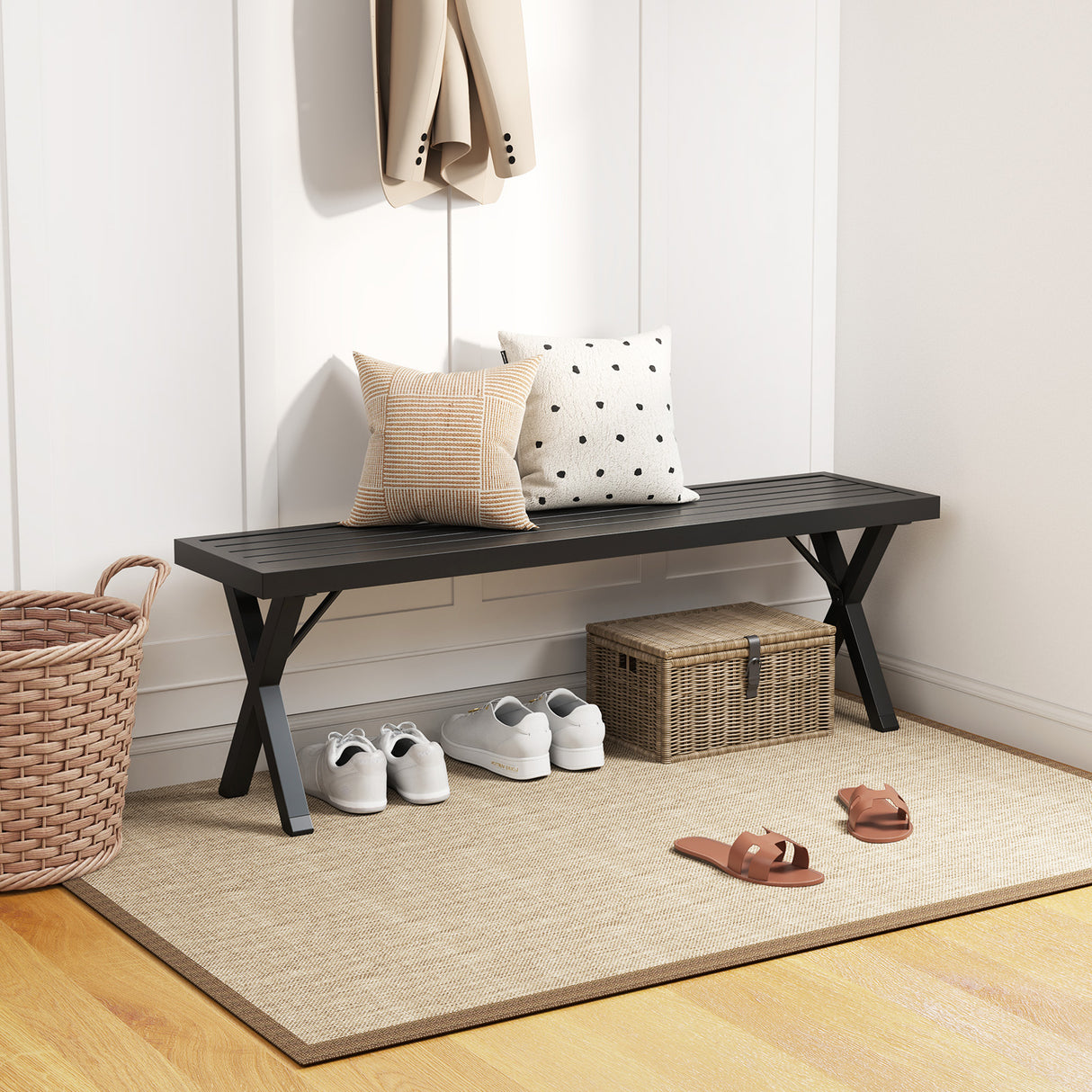 Patio Metal Bench with Slatted Seat and X Legs