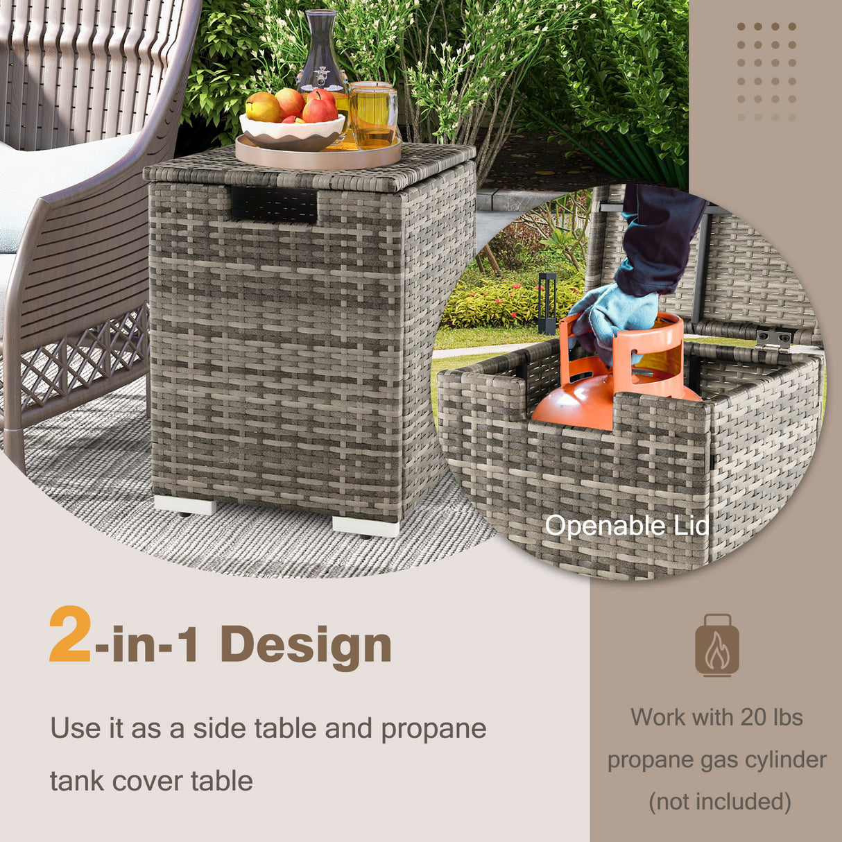 2-in-1 Patio Rattan Gas Propane Tank Cover for 20 lbs Propane Tanks-Gray