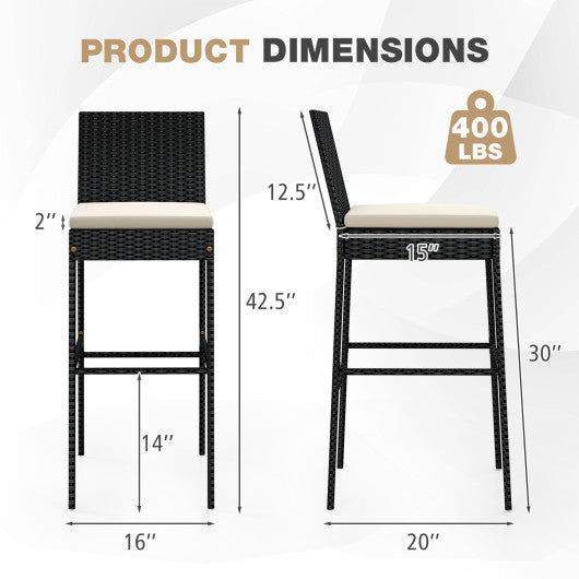 Patio Wicker Barstools Set of 2 with Footrest and Backrest for Backyard