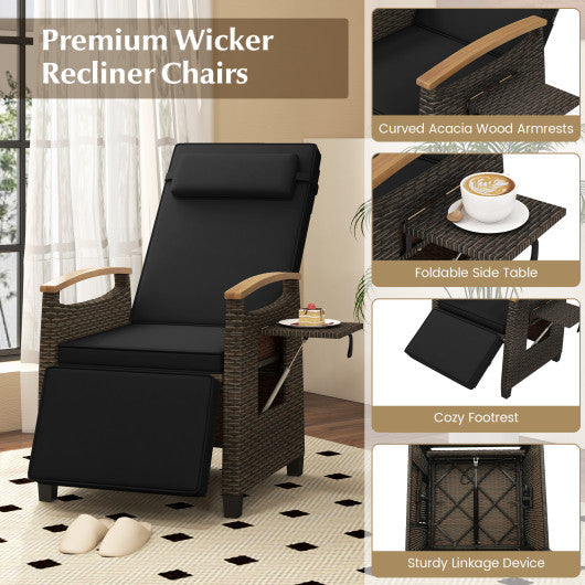 Patio Wicker Recliner Chair with Adjustable Backrest and Footrest-Black