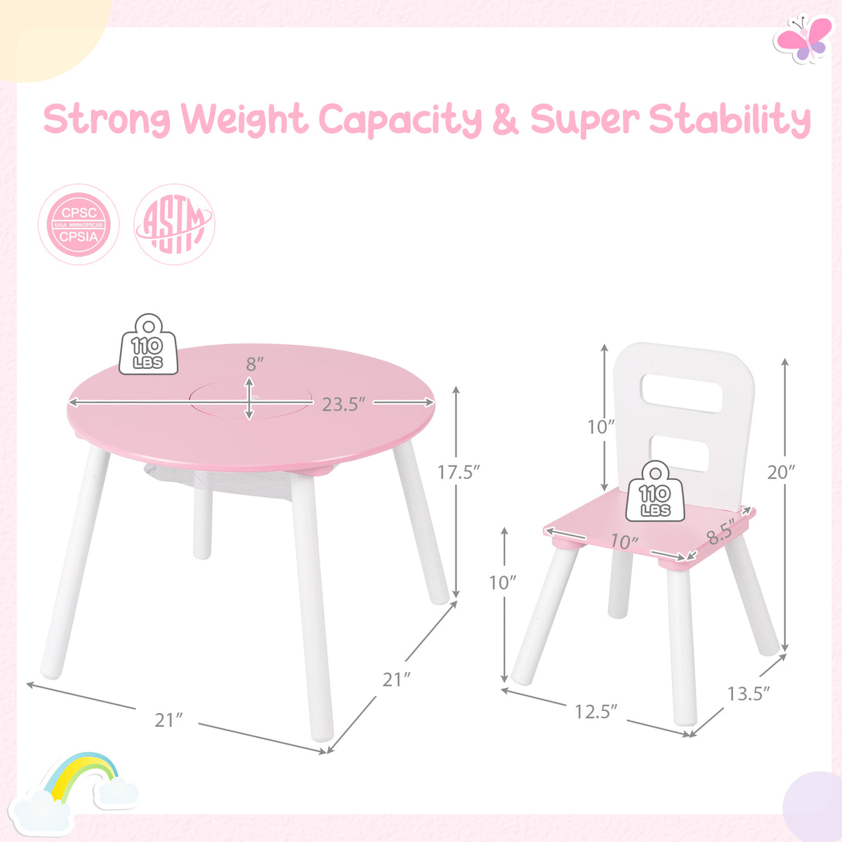 Wood Activity Kids Table and Chair Set with Center Mesh Storage for Snack Time and Homework-Pink