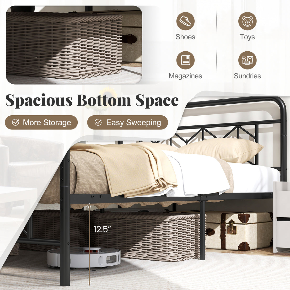 Platform Bed with High Headboard and Snap Lock Metal Slats-Full Size